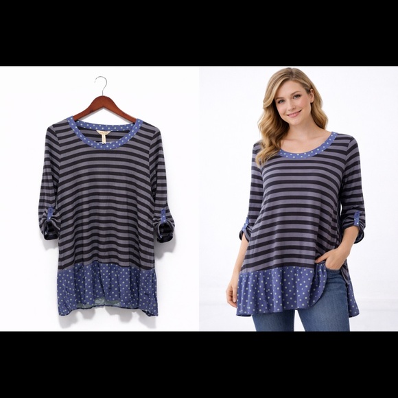 Matilda Jane Tops - Matilda Jane Let's Get Lost Striped Tunic Top Blue Polka Dot Trim Roll Sleeve M
